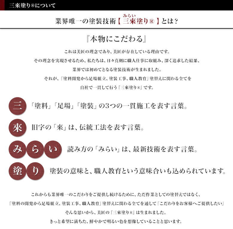 三來塗り®について
				業界唯一の塗装技術【三來（みらい）塗り®】とは？

				『本物にこだわる』
これは美匠の理念であり、美匠が存在している理由です。
その理念を実現させるため、私たちは、日々真剣に職人仕事に取組み、深く追求した結果、
業界では初めてとなる塗装技術が生まれました。
それが、「塗料開発から足場組立、塗装工事、職人教育」塗替えに関わる全てを
自社で一貫して行う『三來（みらい）塗り®』です。

「塗料」「足場」「塗装」の3つの一貫施工を表す言葉。
旧字の「來」は、伝統工法を表す言葉。
読み方の「みらい」は、最新技術を表す言葉。
塗装の意味と、職人教育という意味合いも込められています。

これからも業界唯一のこだわりをご提供し続けるために、ただ作業としての塗替えではなく、
「塗料の開発から足場組立、塗装工事、職人教育」塗替えに関わる全てを通して「こだわりをお客様へご提供したい」
そんな思いから、美匠の『三來塗り®』は生まれました。
きっと希望に満ちた、鮮やかで明るい色を想像していることと思います。